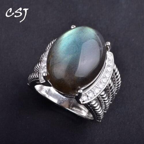 CSJ Big Stone 14*19MM Natural Labradorite Ring 925 Silver Moonstone Divination spiritual meditation Fine Jewelry for Women