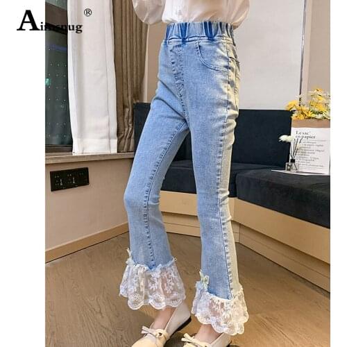 Kids Demin Clothes Baby Girls Elastic Waist Boot Cut Pants Streetwear Autumn 2021 Patchwork Lace Trouses Children Jeans Pantalon