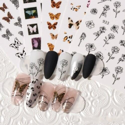 Nail Art Stickers New Leopard Butterfly Black Rose Image Animal Flower Nail Decal Manicure Decorations