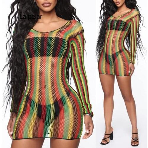 Colorful Striped Fishnet Beach Dress Smock Womens Swimsuit Cover Ups Sexy See Through Long Sleeve V-Neck Mini Bodycon Dress