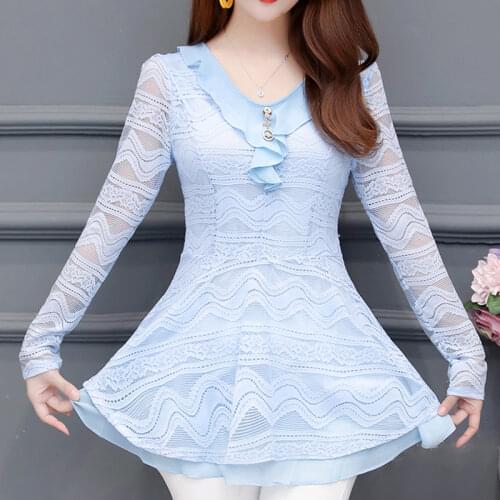 Ruffle Blouse Shirt 2020 New Lace Long Women Blouses Plus Size Women Clothing V neck Autumn Shirts Discounts Low Price 929F3
