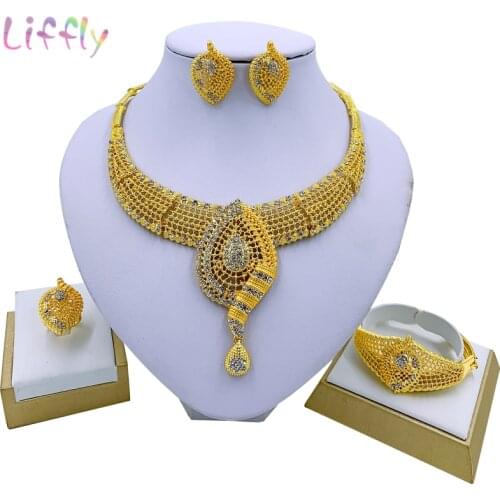 Liffly Nigerian Wedding Bridal Jewelry Sets African Gold Dubai Crystal Necklace Bracelet Earrings Ring Set for Women Jewelry