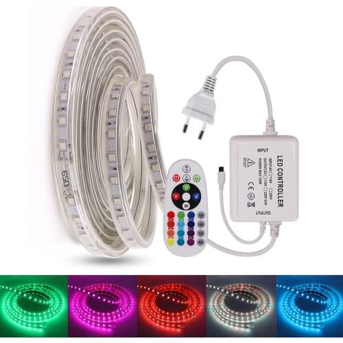 RGB LED Strip Light EU 220V-240V 5050 Waterproof + 24Key Remote 60LEDs/m Led Tape Rope Light For Home Decoration