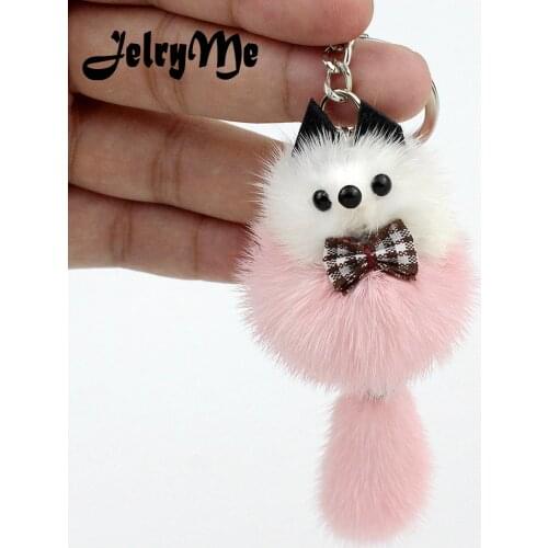 Charms Fluffy Bow Fox Key Chains Pendant Natural Real Mink Fur Cute Keychain Pom Pom Car Keyring Women Bags Backpack Accessories