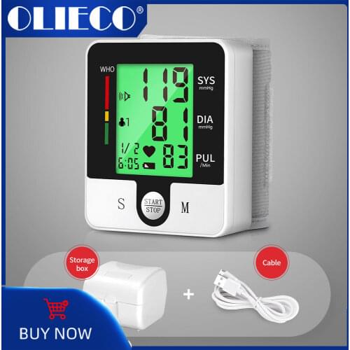 OLIECO USB Rechargeable Digital Wrist Blood Pressure Monitor English Voice LCD PR Tonometer Heart Rate Meter Upgraded 3Backlight