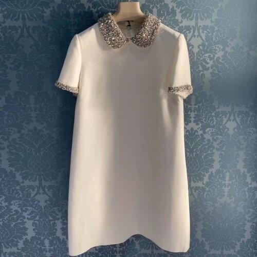 Heavy industry diamond peter pan collar dress women vintage French style elegant simple A-line dress