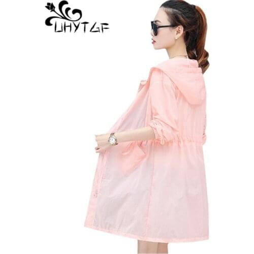 UHYTGF Fashion womens thin sun protection clothing solid color hooded summer jacket Anti-UV breathable wild plus size top 1086