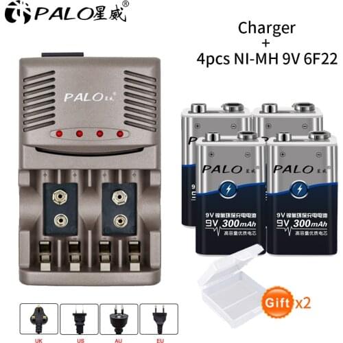 PALO LED Smart Charger For AA AAA Rechargeable Batteries NI-MH 9V 6F22 Battery+4pcs 300mah 9V batteria Battery nimh For Carmera