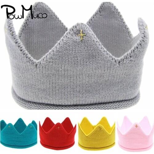 Powmuco Solid Color Handmade Knitted Wool Hats Fashion Crochet Crown Infant Caps Cute Princess Headwear Baby Birthday Decoration