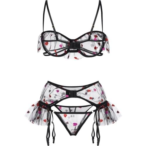 Love Embroidery Bra Brief Sets Sexy Lingerie Mesh Perspective Underwear Women Set Hot Erotic Sexy Sensual Lingerie with Garter