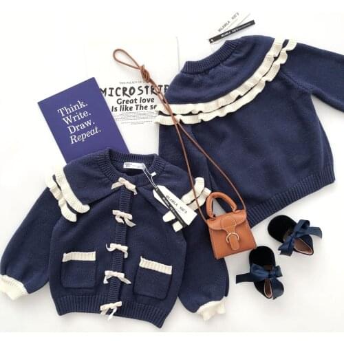 Tonytaobaby Autumn and Winter New Girls' Dark Blue Bow Lantern Sleeve Cardigan Sweater