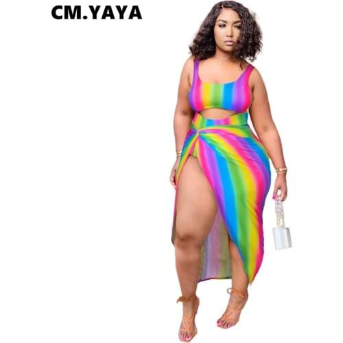 CM.YAYA Women Bikinis Set Print Sleeveless Hollow Out Bodysuit Elastic Waist Full Length Skirts 2 Piece Set Female Summer 2021