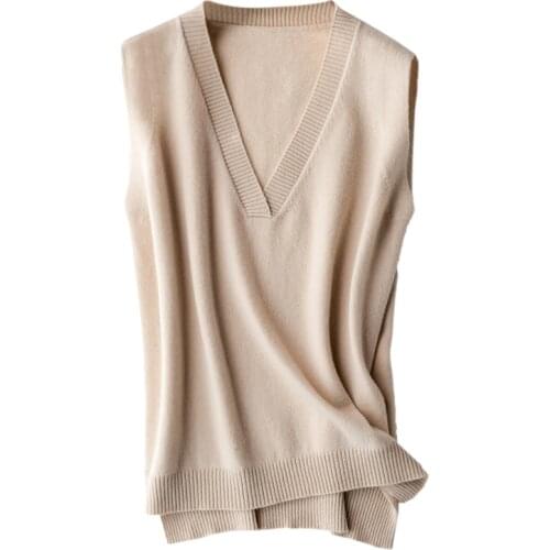 2020 Womens Autumn 100% Pure Wool Knitted Vest Both Sides Split Loose Sweater Vest Waistcoat Female Pullover Sleeveless Tops