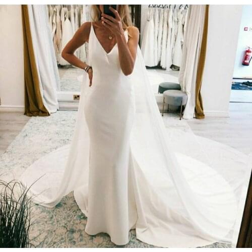 Sexy Long Double V-Neck Satin White Wedding Dresses Floor Length Pleated Sweep Train Bridal Gowns with Bow for Women