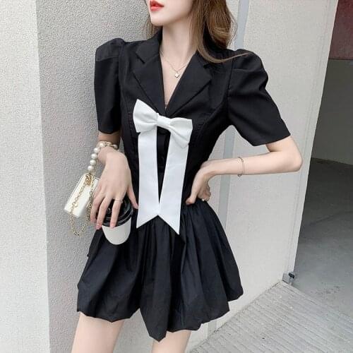 Summer New Sweet Bubble Sleeve Vestidos Contrast Color Bowknot Pleated Suit Dress Dresses Woman Party Night Club Dress