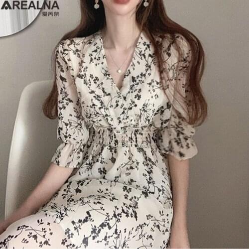 Dresses for women 2021 summer V Neck Floral dress Women Retro Cross Wooden Ear Elegant Chiffon Short Sleeve woman dress vestidos