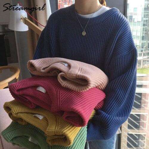 Winter Warm Sweater Women Oversize Vintage Pullover Solid O Neck Coffee Long Sleeve Knit Sweater Autumn Thick Sweaters For Women