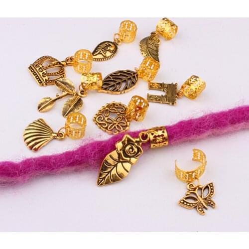 3 Pcs/bag Hair Braid Vintage Golden Leaf Crown Pendant Viking Spiral Dreadlock Beads Rings Tube Clip for Hair Accessories Charms
