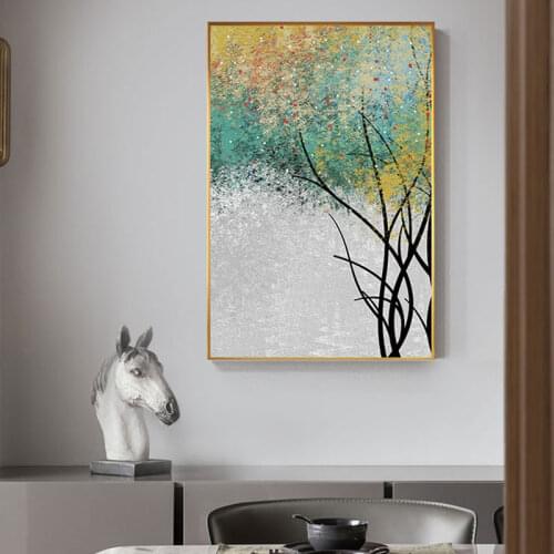 Abstract Decor Nordic Green Forest Canvas Painting for Living Room Bedroom Golden Tree Big Poster Print Unique Wall Art Picture
