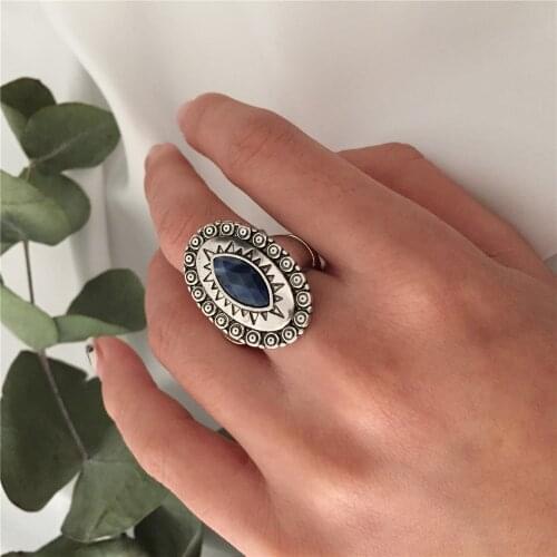 Bohemia Antique Rhodium Color Plating Eye Navy Blue Stone Adjustable Elastic Bended Ring For Women Girl Lady Gift Antique Jewel