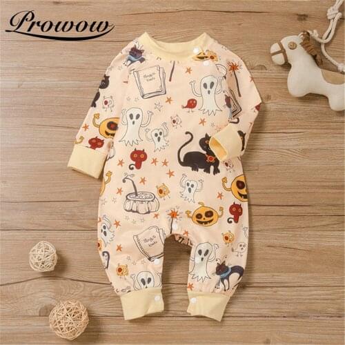 Prowow Babys Rompers Cartoon Baby Halloween Costume Long Sleeve Jumpsuit For Kids Newborns Black Cat Printed Baby Boys Overalls
