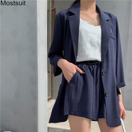 Korean Solid 2 Piece Shorts Suit Set Women Full Sleeve Blazer & Elastic Waist Shorts Suits Fashion Workwear Female Blazer Set