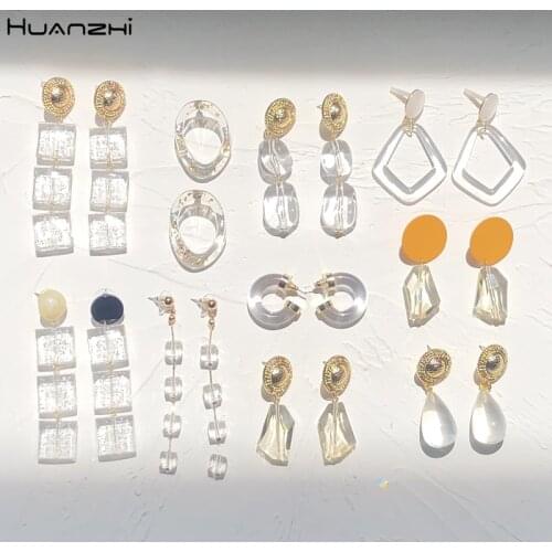 HUANZHI 2020 Summer New Opal Stones Acrylic Crystal Transparent Geometric Irregular Beads Big Drop Earrings for Women Jewelry