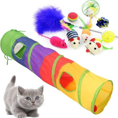 Colorful Cat Toys Pet Kit Collapsible Tunnel 2 Holes Play Tubes Balls Feather Mice Shape Pet Kitten Cat Interactive Supplies