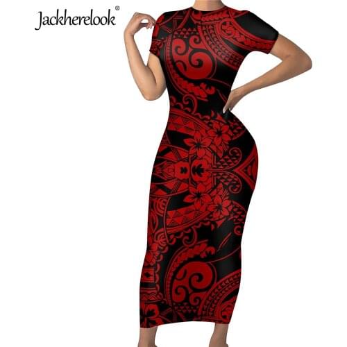 Jackherelook Red Polynesian Tribal Print Women Short Sleeve Pencil Dress Poly Tattoo Floral Design Slim Bodycon Dresses 2021