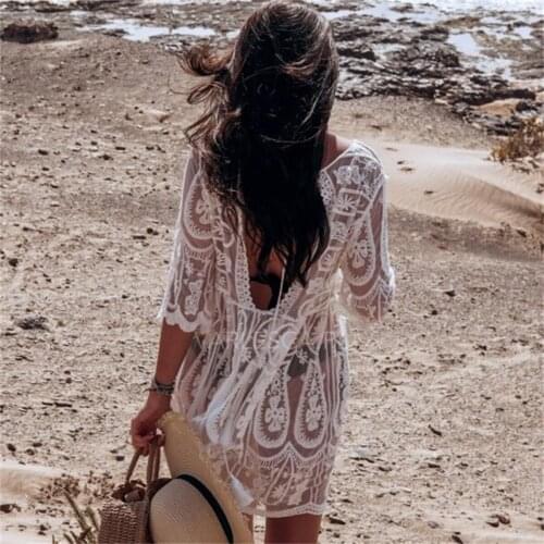 Jastie 2021 Bohemian Women Mini Dresses O-Neck Vintage Flowers Embroidery Lace Backless Sexy Dress Beach Party Vacation Dress