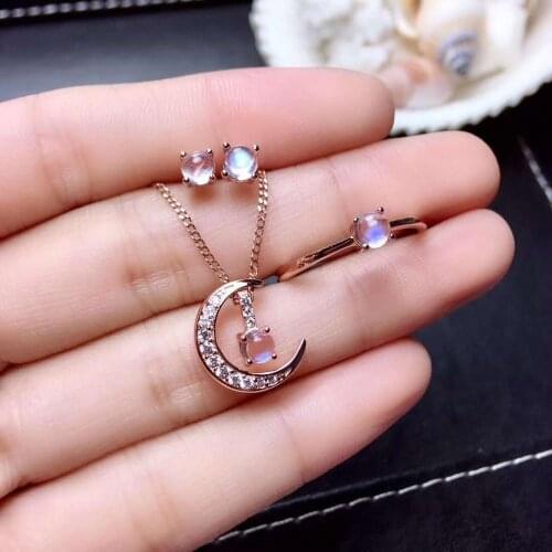 Real Natural Moonstone jewelry set Natural Real Moonstone 925 sterling silver 1pc pendant,1pc ring,2pcs Earring