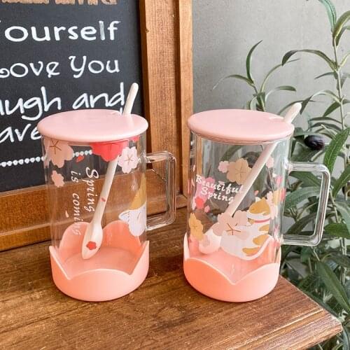 Pink glass mug with cover and spoon cute cat flower mug tea milk cup silica gel anti scalding cup For Women Girl Drink Bottles