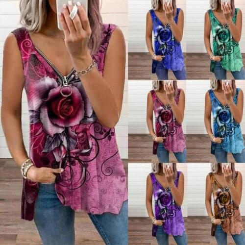 Summer Plus Size Tank Top Women T-shirt Camisole V-Neck Zipper Rose Print Casual Tee Shirt Femme Sexy Tanks Camis Tops T-shirts