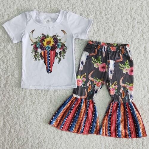 Fashion baby girls designer clothes sets wholesale children clothing short sleeve bell bottom pants girls set cow print clothes