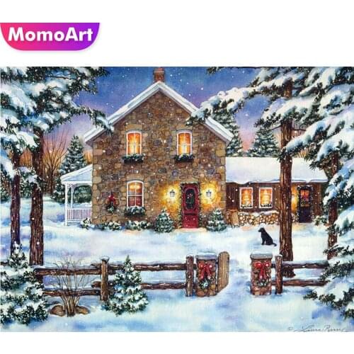 MomoArt Full Square Diamond Painting House 5D DIY Diamond Embroidery Winter Landscape Needlework Home Decorations