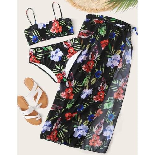 Mossha Black floral print swimsuit Mesh long skirt bikini set Sexy high waist swimwear women Brazilian bandeau bathing suit New