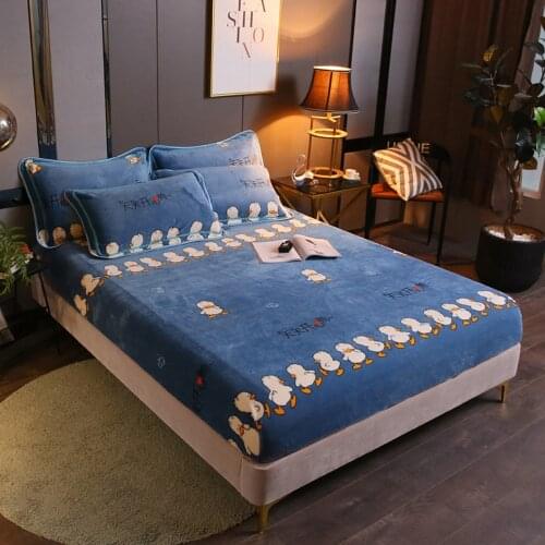 Cartoon Dark Flannel Bed Sheets Winter Warm Plush Fitted Sheet Soft Mink Cashmere Bed Linen Mattress Cover Elastic Bedspread