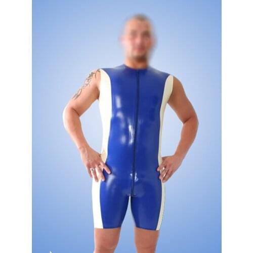 Mens 100% Latex Rubber Gummi 0.40mm Bodysuit Rubber Short Sleelves Jumpsuits Suit Catsuit Zipper