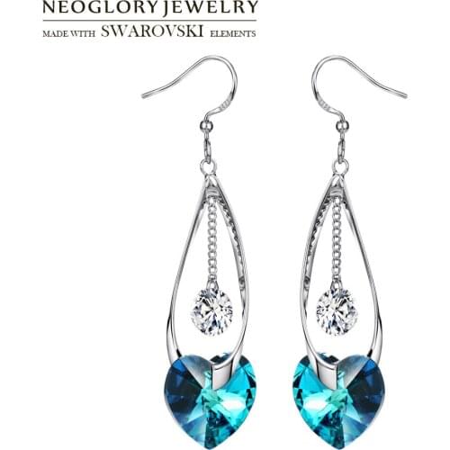 Neoglory Austria Crystal & Zircon Long Dangle Earrings Romantic Blue Heart Design For Luxuriant Party Exquisite Classic Lady
