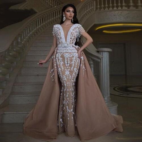 Arabic Elegant Overskirts Mermaid Prom Dresses Long Beading Appliques Evening Dress with Detachable Train Special Occasion
