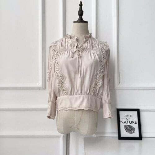 0227f02 2021 spring new womens lace shirt lace edge lantern cuffs hollow solid color shirt
