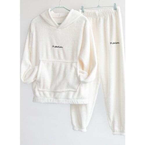 Sanderala Women Flannel Winter Pajamas Sets Soft Lingerie Top Long Sleeve O-neck Full T-Shirt & Pants Homewear Warm Underwear