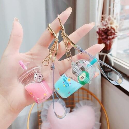 Floating Fruit Avocado Keyring Acrylic Milk Tea Cup Keychain Moving Liquid Quicksand Key Ring Car Bag Pendant Women Girl Gift
