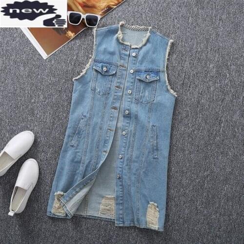 Casual Womens Medium Length Denim Vests Summer New Brand Korean Single Breasted Hole Ripped Pockets Female Waistcoats Plus Size