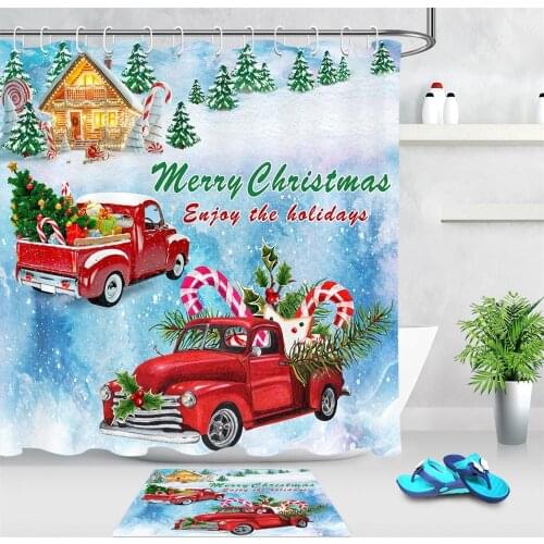Christmas Red Truck Log House Tree Candy Shower Curtain Bath Bathing Bathroom Curtains with 12 Hooks for Home Decorations