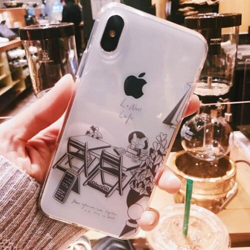 STARRY FOREST illustrated cafe transparent soft case for iphone XS max XR 7 8 7P 8P delicate mobile shell for girls artist