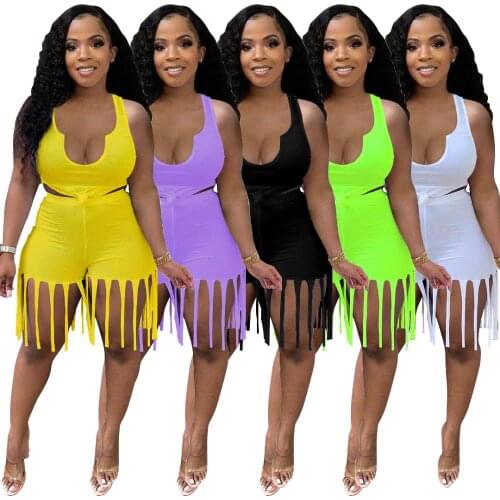 Solid Color 2 Pieces Matching Sets for Women Skinny Deep V Neck Tank Crop Top+Mini Shorts Sexy Tassel Short Pants Casual Outfits