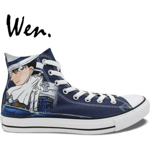 Wen Blue Anime Hand Painted Shoes Design Custom Detective Conan Kid the Phantom Thief High Top Men Womens Canvas Sneakers