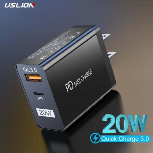 USLION 20W USB-C Quick charger PD QC 3.0 Type C Fast Charging For iPhone 13 Xiaomi Samsung mobile phone USB Charge EU US Adapter