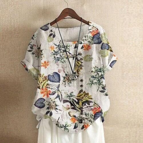 Womens Blouse Cotton Linen Boho Floral Print Casual Loose Button Tanic Shirt Summer Plus Size O Neck Short Sleeve Blouse Tops